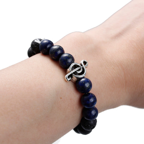 Men, Womens Synthetic Lava & Lapis Lazuli Beaded Healing Bracelet Black With Musical Note Elastic 22cm(8 5/8inch )