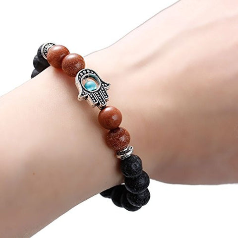 Men, Womens Stone Lava Gold Sand Beaded Healing Bracelet Black With Hamsa Hand Elastic 21.5cm(8 4/8") - Sexy Sparkles Fashion Jewelry - 1