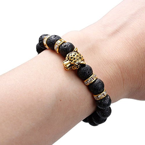 Women & Men Natural Stone Lava Beaded Healing Bracelet Gold Tone Black Leopard Head with Clear Rhinestone Elastic Bracelet 24cm(9 4/8") - Sexy Sparkles Fashion Jewelry - 1