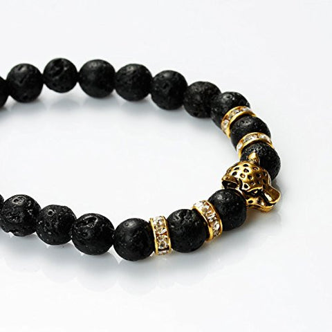 Women & Men Natural Stone Lava Beaded Healing Bracelet Gold Tone Black Leopard Head with Clear Rhinestone Elastic Bracelet 24cm(9 4/8") - Sexy Sparkles Fashion Jewelry - 2