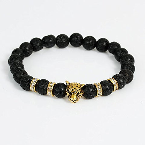 Women & Men Natural Stone Lava Beaded Healing Bracelet Gold Tone Black Leopard Head with Clear Rhinestone Elastic Bracelet 24cm(9 4/8") - Sexy Sparkles Fashion Jewelry - 3