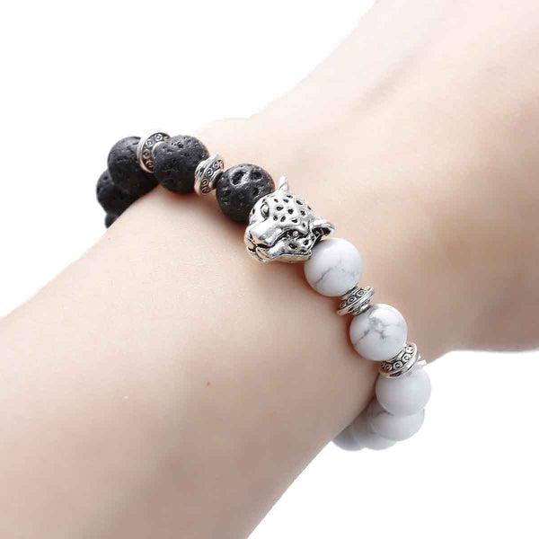 Synthetic Stone Lava Beaded Healing Bracelet Beads Leopard Head Elastic Bracelet 21.5cm(8 4/8")
