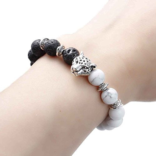 Sexy Sparkle Natural Stone Lava Beaded Healing Bracelet Black & White Beads Leopard Head Elastic Bracelet 21.5cm(8 4/8") - Sexy Sparkles Fashion Jewelry - 1