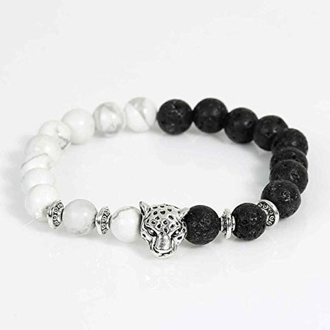 Sexy Sparkle Natural Stone Lava Beaded Healing Bracelet Black & White Beads Leopard Head Elastic Bracelet 21.5cm(8 4/8") - Sexy Sparkles Fashion Jewelry - 2