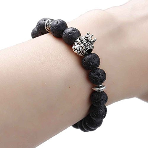 Sexy Sparkle Natural Stone Lava Beaded Healing Bracelet Black Lion Head Elastic Bracelet 23cm(9") long - Sexy Sparkles Fashion Jewelry - 1