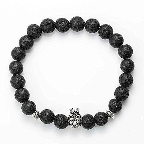 Synthetic Lava Beaded Healing Bracelet Black Lion Head Elastic Bracelet 23cm(9") long