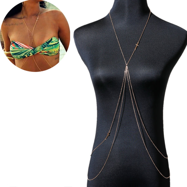 Sexy Sparkles Bikini Beach Crossover Harness Necklace Waist Belly Body Chain Necklace Jewelry