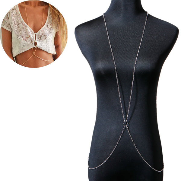 Sexy Sparkles Bikini Beach Crossover Harness Necklace Waist Belly Body Chain Jewelry Women