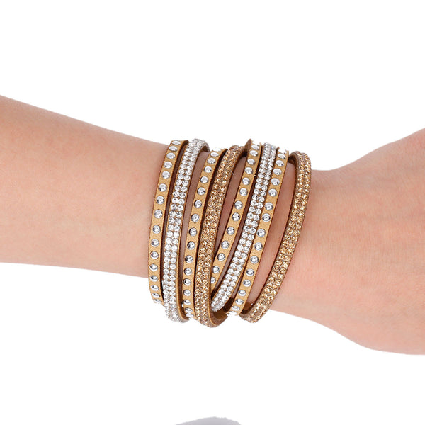 Sexy Sparkle Suede Velvet Multi Layer Khaki Wrap Women Teen Girls Bracelet with Rhinestones Slake Button Clamp Adjustable