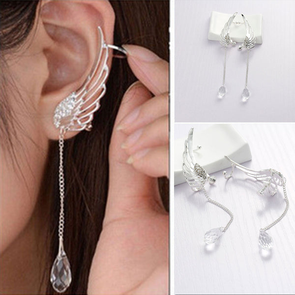 Ear Cuff Clip On Stud Wrap Earrings Angel Wing Tassel With Clear Rhinestones - Sexy Sparkles Fashion Jewelry - 1