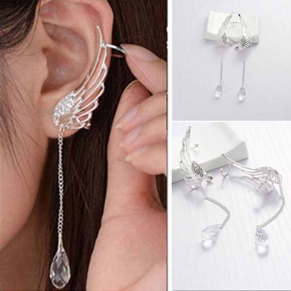 Ear Cuff Clip On Stud Wrap Earrings Angel Wing Tassel With Clear Rhinestones - Sexy Sparkles Fashion Jewelry - 1