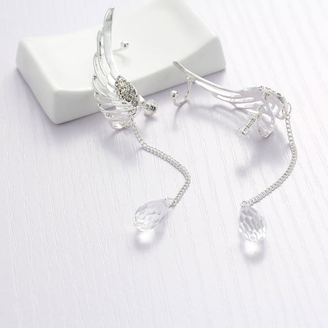 Ear Cuff Clip On Stud Wrap Earrings Angel Wing Tassel With Clear Rhinestones - Sexy Sparkles Fashion Jewelry - 2