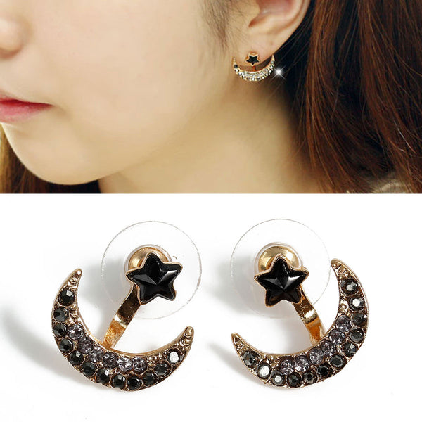 Sexy Sparkles Ear Jacket Stud Half Moon Gold Plated with Gray & Black Rhinestone Earrings Back Ear Cuffs Stud Earring