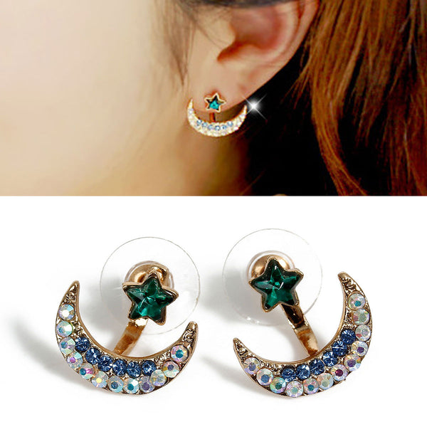 Sexy Sparkles Ear Jacket Stud Half Moon Gold Plated Blue AB Earrings Back Ear Cuffs Stud Earring