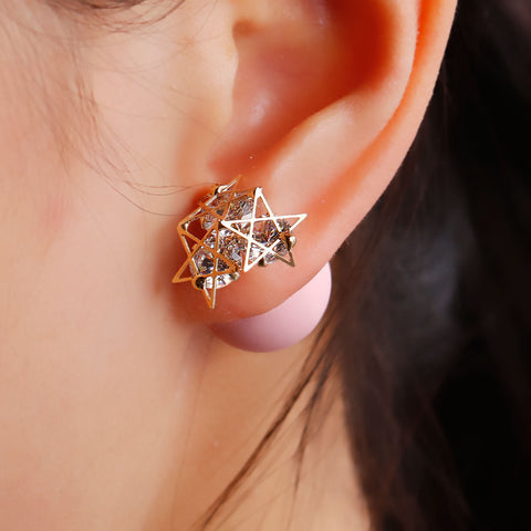 Sexy Sparkles Double Sided Ear Post Stud Earrings Pentagram Star Ball with Rhinestones