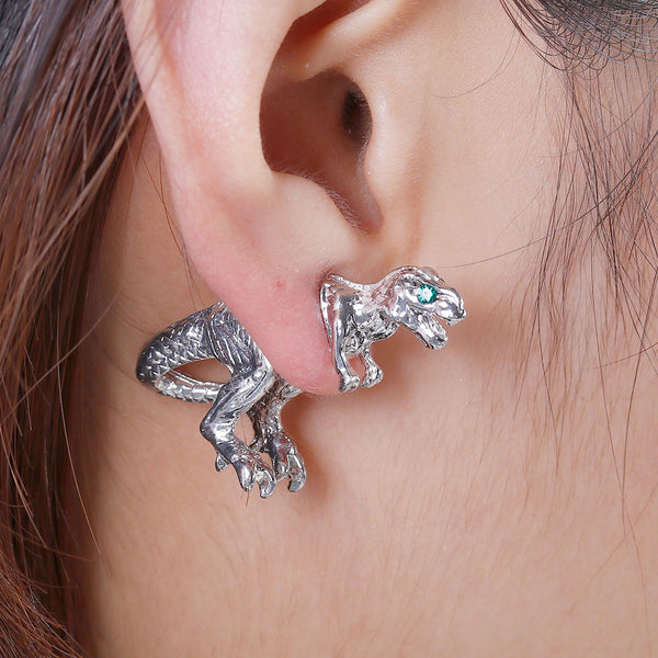 SEXY SPARKLES Sexy Sparkles Dinosaur 3D Double Sided Ear Stud Earrings for Women Silver Tone with Green Rhinestones - Sexy Sparkles Fashion Jewelry - 1