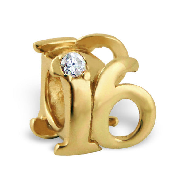 .925 Sterling Silver " Sixteen (16)" Gold Plated Charm Spacer Bead for Snake Chain Charm Bracelet