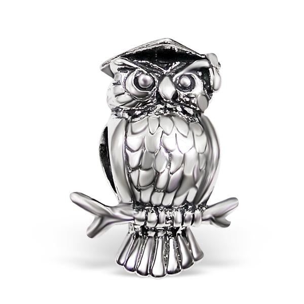 .925 Sterling Silver "Graduating Owl"  Charm Spacer Bead for Snake Chain Charm Bracelet