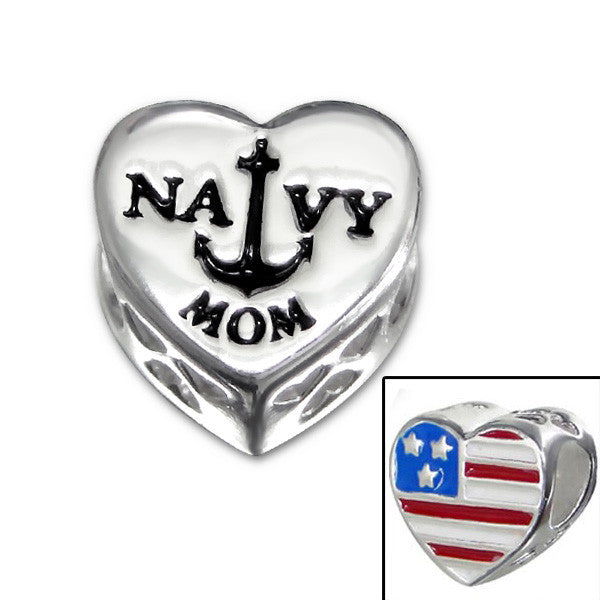 .925 Sterling Silver "Heart  American Flag Navy Mom"  Charm Spacer Bead for Snake Chain Charm Bracelet