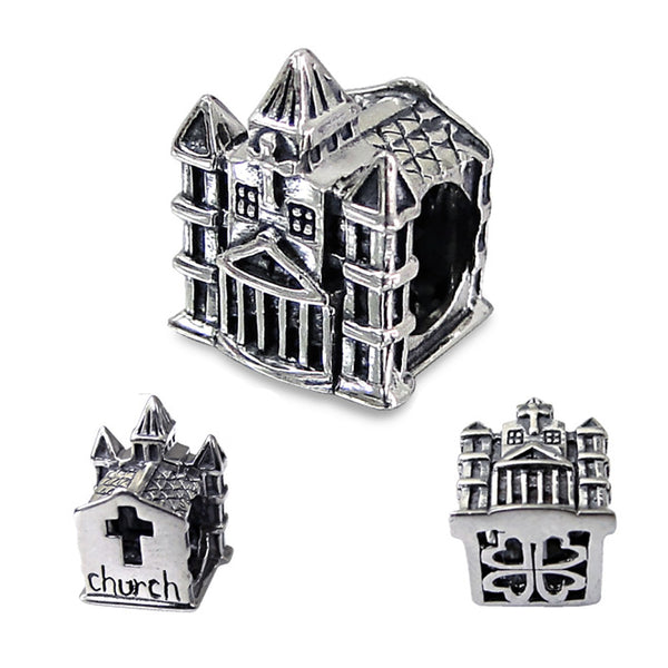 .925 Sterling Silver "Church"  Charm Spacer Bead for Snake Chain Charm Bracelet