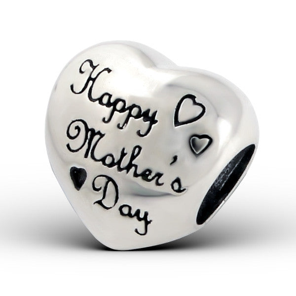 .925 Sterling Silver "Heart Happy Mother's Day"  Charm Spacer Bead for Snake Chain Charm Bracelet