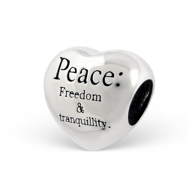 .925 Sterling Silver "Heart Peace Freedom & Tranquillity"  Charm Spacer Bead for Snake Chain Charm Bracelet