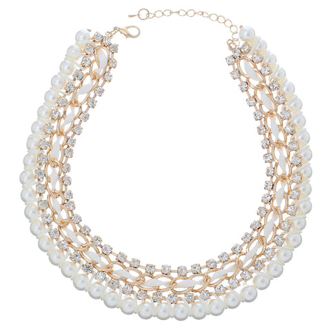Fashion Jewelry Necklace Gold Plated with Clear Rhinestone White Acrylic Pearl Imitation Ball 15inch