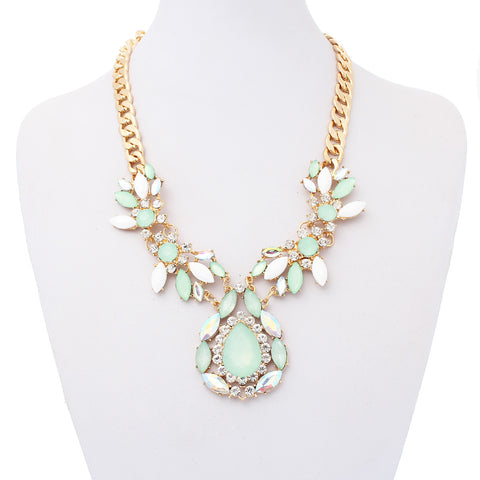 Fashion Jewelry Necklace Gold Tone with Clear Rhinestone Green AB  Acrylic Stones