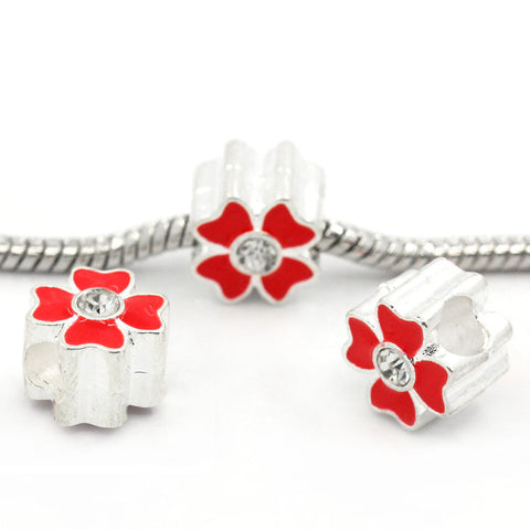 2 Sided Enamel Flower with Diamond Crystals Charm Bead (Red) - Sexy Sparkles Fashion Jewelry - 3