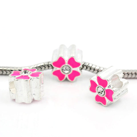 2 Sided Enamel Flower with Diamond Crystals Charm Bead (Pink) - Sexy Sparkles Fashion Jewelry - 3