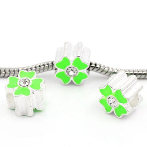 2 Sided Enamel Flower with Diamond Crystals Charm Bead (Green) - Sexy Sparkles Fashion Jewelry
