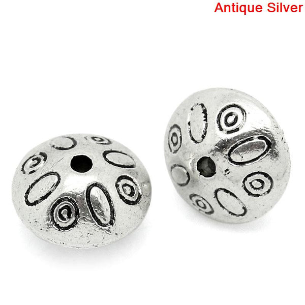 Sexy Sparkles 10 Pcs Silver Toned Carved Charm Spacer Bead 9mm Dia, Hole: Approx 1mm