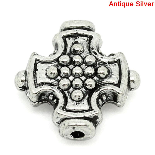 Sexy Sparkles 10 Pcs Silver Toned Cross Carved Spacer Bead 12x12mm, Hole: Approx 1mm