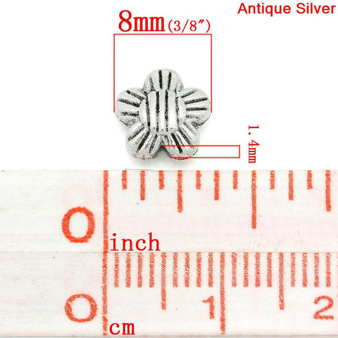 Sexy Sparkles  10 Pcs Flower Charm Beads Antique Silver Stripe Pattern Carved 8mm