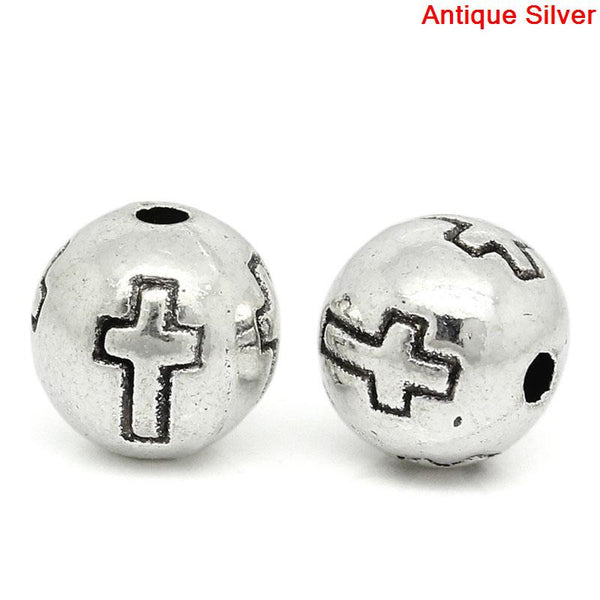 Sexy Sparkles 10 Pcs Silver Toned Ball Cross Carved Spacer Bead 8mm Dia, Hole: Approx 1.3mm