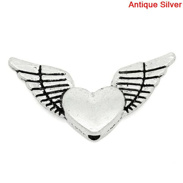 Sexy Sparkles 10 Pcs Charm Beads Antique Silver Angel Wings Heart 25mm