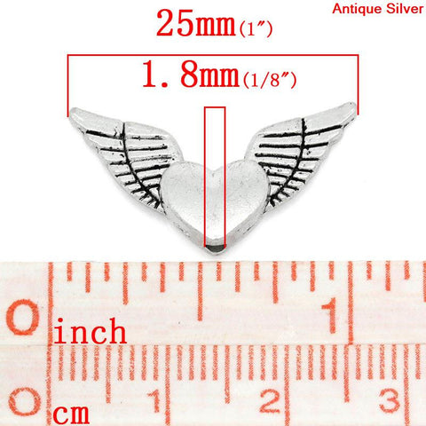 Sexy Sparkles 10 Pcs Charm Beads Antique Silver Angel Wings Heart 25mm