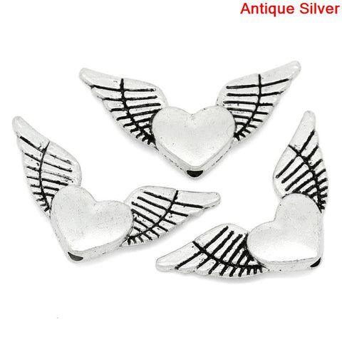 Sexy Sparkles 10 Pcs Charm Beads Antique Silver Angel Wings Heart 25mm