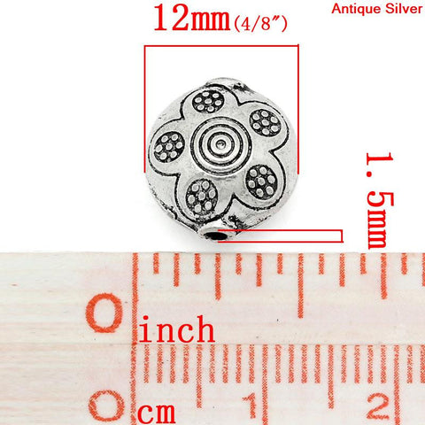 Sexy Sparkles 5 Pcs Round Spacer Beads Antique Silver Flower Pattern Carved 12mm