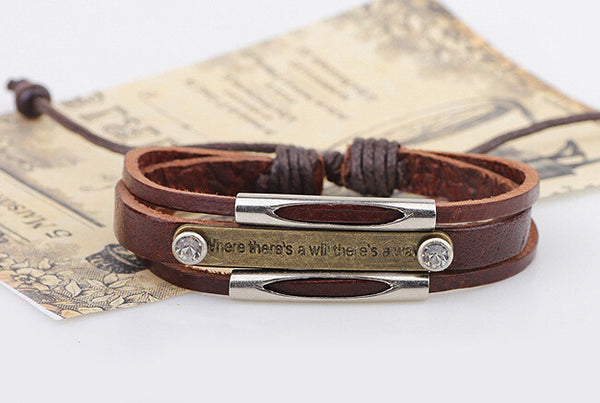 Brown Leather Unisex Bracelet inch Where There Is a Will There's a Wayinch  Adjustable