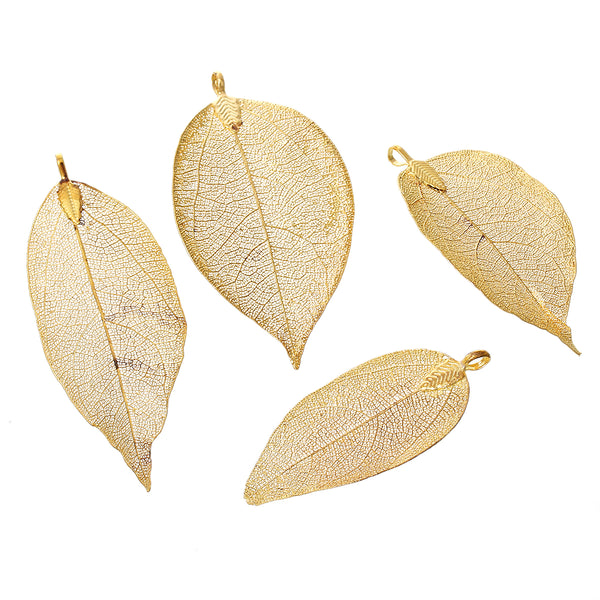 Sexy Sparkles 1 Pc. Natural Leaf Charm Pendant Gold Plated 3-2/8" x 1-2/8"