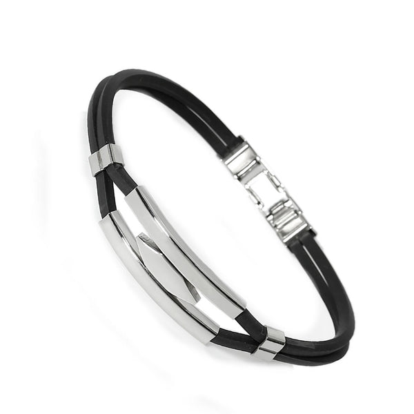 SEXY SPARKLES Men's Stainless Steel Hexagon Black Rubber Bracelet