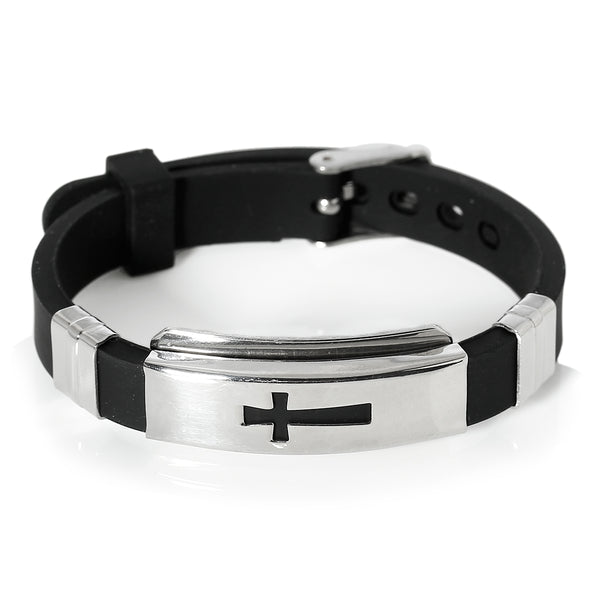 Sexy Sparkles Jewelry Men's Stainless Steel Religious Black Silicone Cross Adjustable Buckle Bracelet