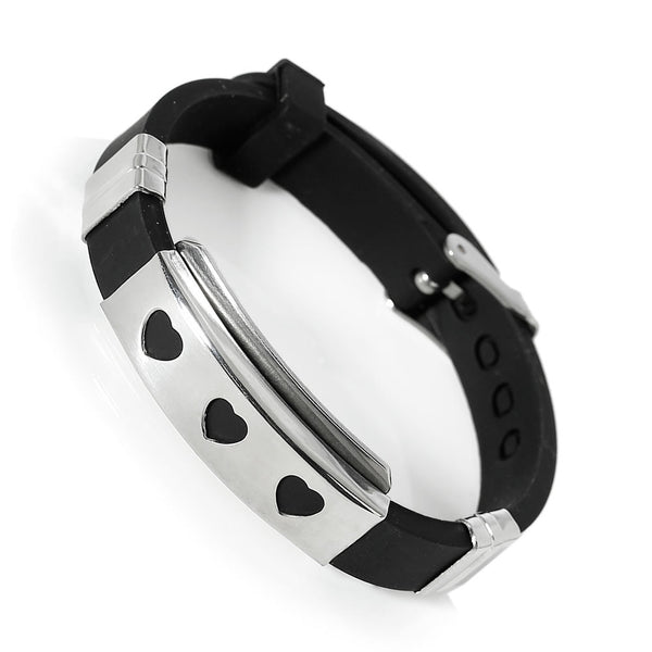 Sexy Sparkles Jewelry Men's Womens Stainless Steel Black Silicone Hearts Adjustable Buckle Bracelet