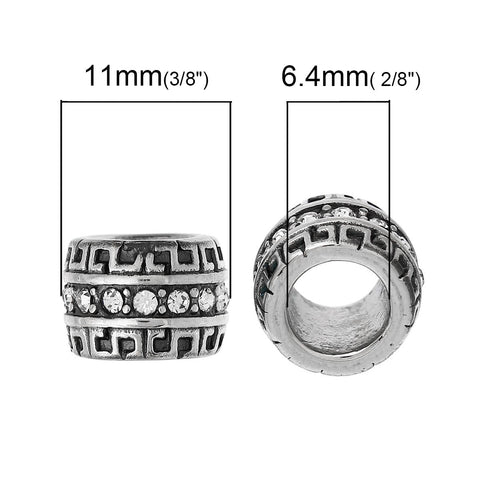 Stainless Steel European Style Large Hole Charm Beads Cylinder Silver Tone