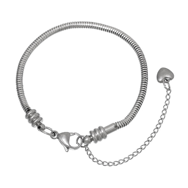 7.2" European Style Stainless Steel Snake Chain Charm Bracelet with Heart Lobster Clasp - Sexy Sparkles Fashion Jewelry