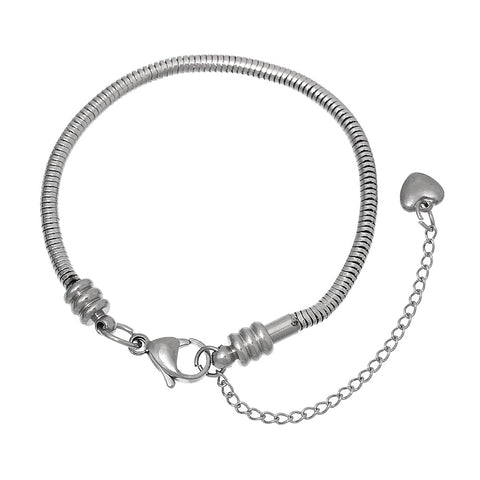 7.2" European Style Stainless Steel Snake Chain Charm Bracelet with Heart Lobster Clasp - Sexy Sparkles Fashion Jewelry