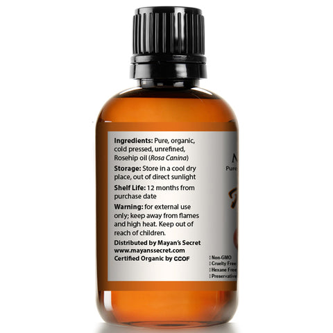 Rosehip Seed Oil by Mayan's Secret, USDA Certified Organic, Cold Pressed, Unrefined. Reduce Acne Scars. Essential Oil for Face, Nails, Hair, Skin. Therapeutic AAA+ Grade