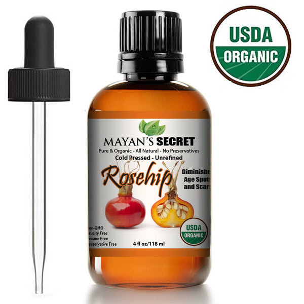 Rosehip Seed Oil by Mayan's Secret, USDA Certified Organic, Cold Pressed, Unrefined. Reduce Acne Scars. Essential Oil for Face, Nails, Hair, Skin. Therapeutic AAA+ Grade