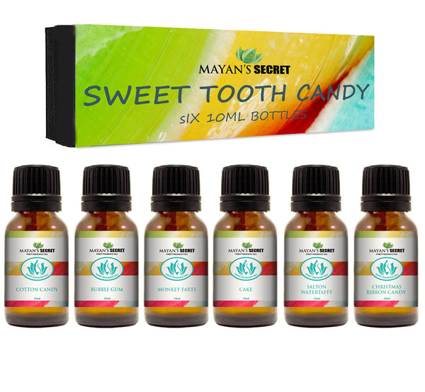 Mayan's Secrets Premium Grade Fragrance Oil -Sweet Tooth- Gift Set 6/10ml Cotton  Candy, Bubble Gum, Monkey Farts, Cake, Salton Water taffy, Christmas Ribbon Candy